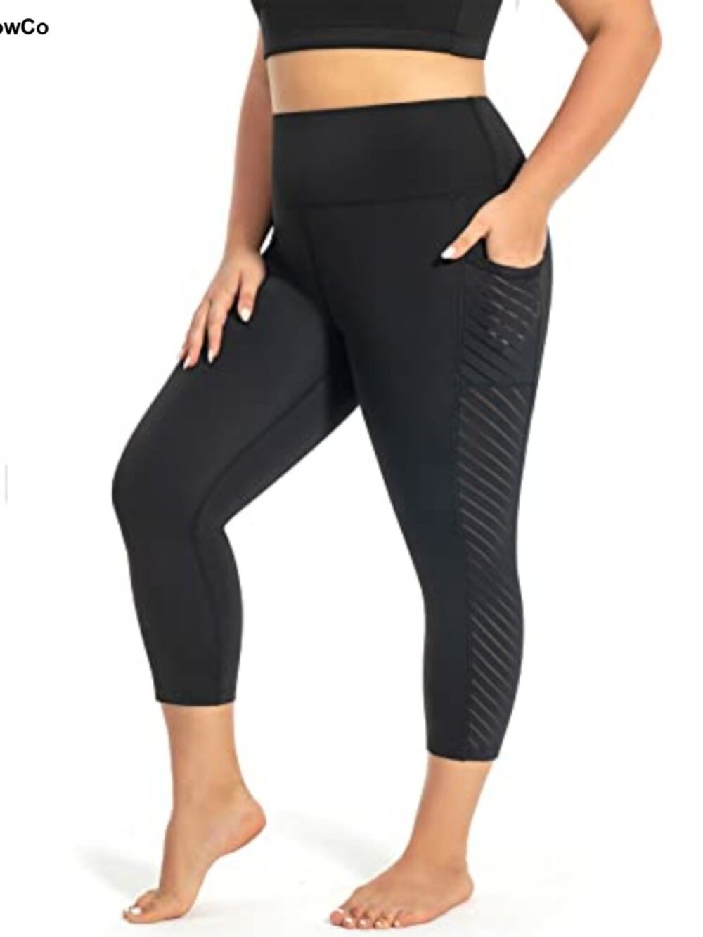 Plus Size Mesh Capri Yoga Pants with Pockets Tummy Control